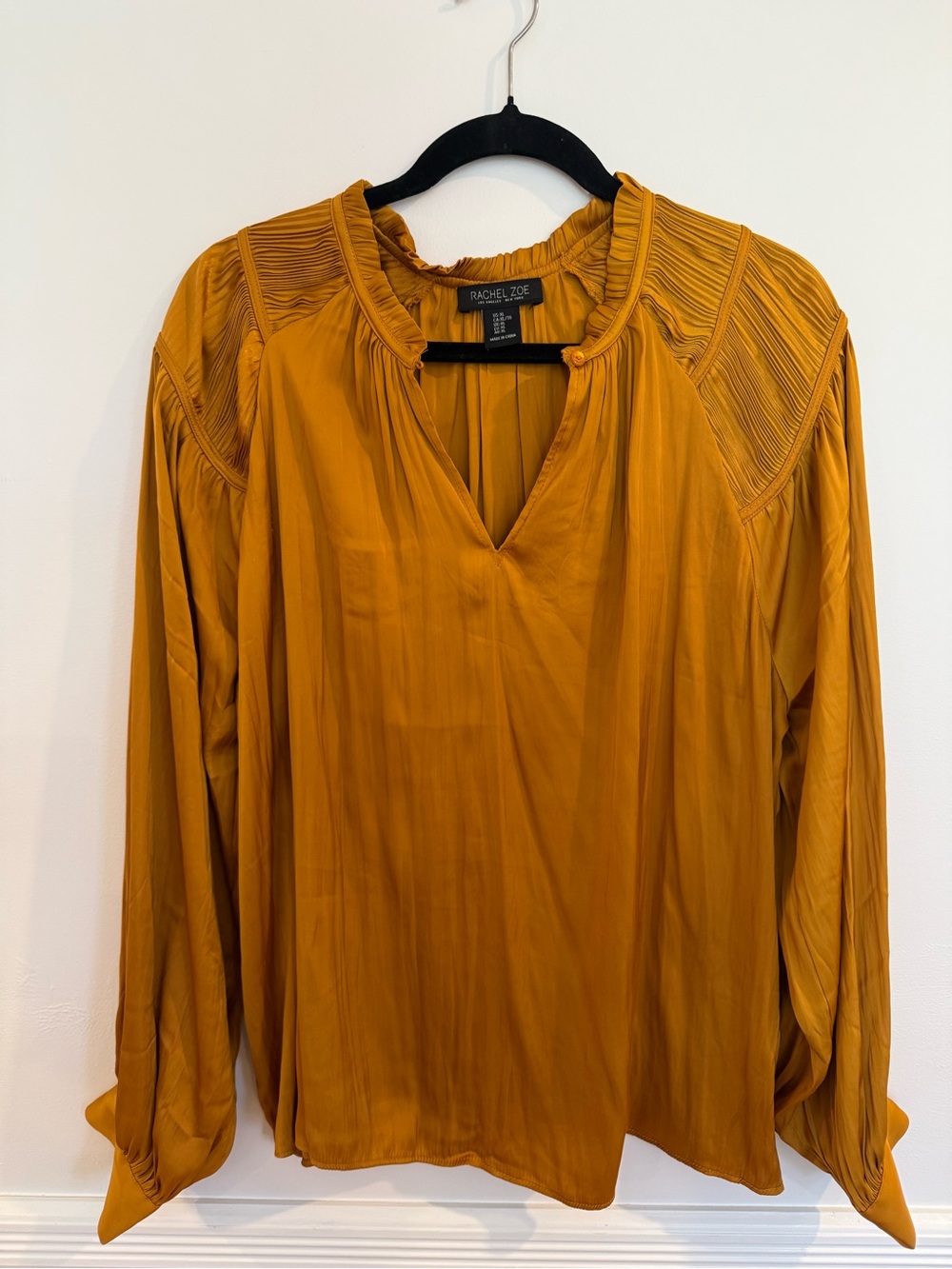 Rachel Zoe Golden Mustard Pleated-Yoke V-Neck Blouse
